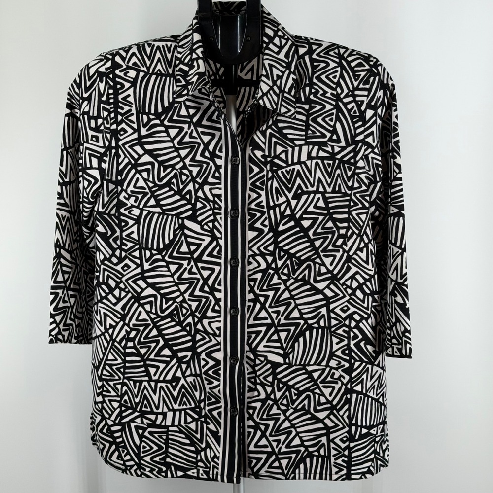 Allison Daley Womens 8 Black White Geometric Tribal Print 3/4 Sleeve Blouse Top